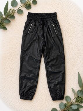 Black Faux Leather Joggers with Elastic Waist